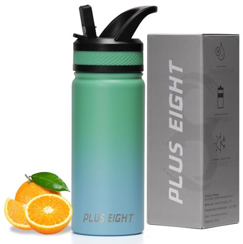 pluseight Borraccia termica da 600 ml, con cannuccia e coperchio, per sport, palestra o ufficio, in acciaio inox, colore verde e blu
