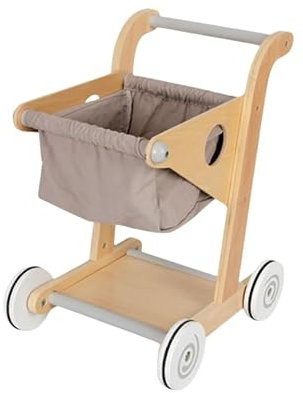 Einkaufswagen aus Holz für Kinder mit Stoff Korb, Kaufladen Zubehör, Rollenspiel