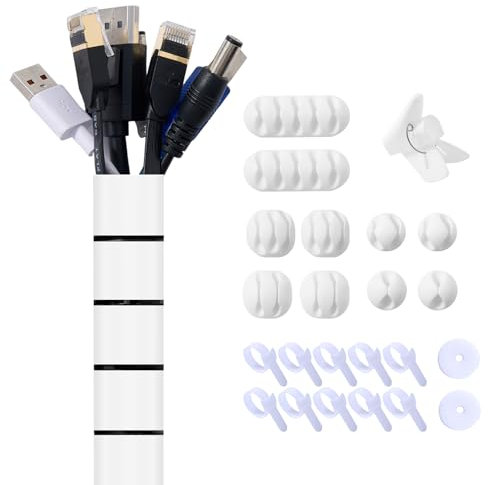 Garrulo Guaina Cavi, Raccogli Cavi Scrivania, Copri Fili Elettrici con 10* Portacavi in Silicone+10* Fascette +2* Nastro Autoadesivo da 1M+1* Clip Guidafilo, Bianco Φ 22mm