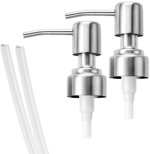 Ptwola 2Pcs Stainless Steel Soap Dispenser Pump Head Reusable Metal Soap Dispenser Pumps Replacement Kitchen Bathroom Hand Soap Bottles Top Pumps for Neck Size 28/400(28 mm) for Lotion Shampoo