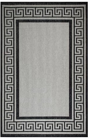 oKu-Tex In- & Outdoor Teppich UV-resistenter Teppich für draußen und drinnen, Balkon, Veranda, Küche, Bad Sisaloptik griechische Bordüre grau schwarz, 80 x 150 cm