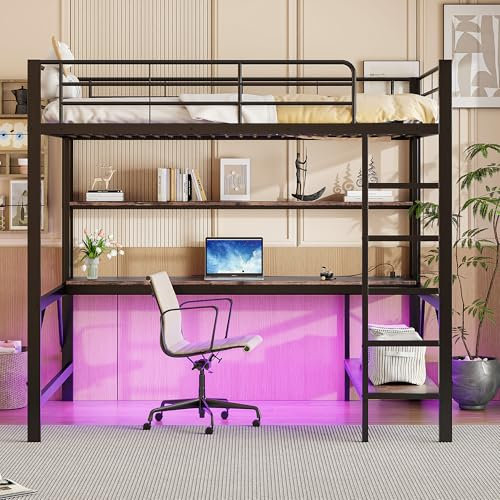 Arhatreya Hochbett 140x200 cm, Kinderbett mit Geländer, Metallbett mit USB und Steckdose, Jugendbett mit Schreibtisch und Regal, Bett für Kinder Jugendliche (Ohne Matratze) Metall, Schwarz
