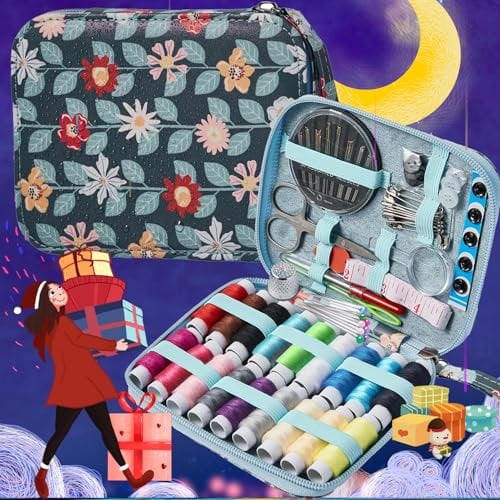 Printing Sewing Kit Vines Pattern Sewing Set,87 PCS Arts Crafts Sewing Supplies,Travel PU Sewing Needles Set,Sewing Accessory for Adults,Emergency,Home