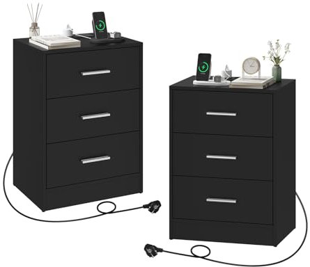 WOLTU Table de Chevet avec Prise Intégrée, Lot de 2, Table d'Appoint avec Station de Charge, 3 Tiroirs, 2 Prises AC, 1 Port USB, 1 Port Type-C, Noir, 39x28,5x54,5cm