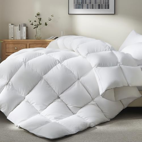 Ubauba Goose Feather Down Fiber Comforter King Size - All Season White Fluffy Duvet Insert - 750+ Fill Power Luxurious Hotel Bedding Comforter - Soft 100% Cotton Cover, Medium Warmth (106x90 Inch)