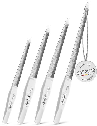 TITANIA® Solinger Saphir - Set di 4 lime per unghie professionali a doppia curva, 12/15/17/20 cm, con manico bianco, si adatta alla forma naturale delle unghie, per manicure e pedicure