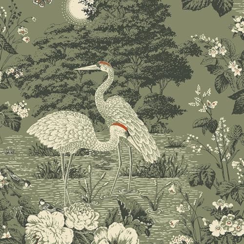 Belgravia Decor Izumi Crane Themed Elegant Oriental Japanese Wallpaper Ideal for Living Rooms, Contemporary Bedrooms, Dining Areas and Restroom Wall Covering in Green 743