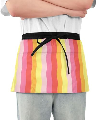EOSDT Tablier de serveur personnalisé avec poches - Carreaux colorés - Rouge et jaune - Demi-tablier pour femme, Carreaux colorés, rouge et jaune, 25.2 x 11.8