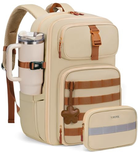 YOREPEK Wanderrucksack Damen, 30L Erweiterbar Taktischer Rucksack Damen | Wasserabweisender Rucksack mit Laptopfach 15,6 Zoll und abnehmbarer Hüfttasche für Wandern und Outdoor, Mandelbraun
