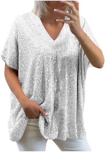 Guhmomh Glitzer Shirt Damen Pailletten Oberteil Kurzarm Karneval Bluse Silvester Tshirt Disco Damenblusen Festival Outfit 80er Jahre Kostüm Elegant Tunika Festliche Blusen Zur Hochzeit Party Top