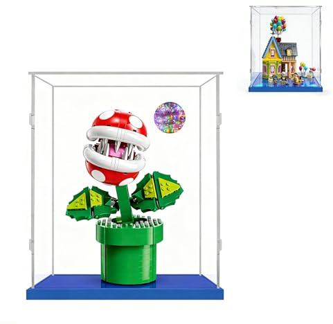 AAABOX 20x15x30 Acryl Klar Vitrine für Lego 43217 71426 75254 75322 10368 | für Carls Haus aus Oben,Piranha-Pflanze,At-St Raider,Chrysantheme,Staubdicht,Einfach Installieren,Blau Basis