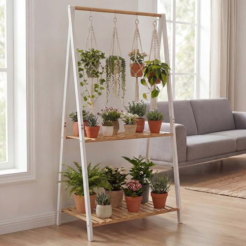 Mendler Bambus Pflanzenregal HWC-Q32 130x70x44cm - Natur-weiß | Blumentreppe, Pflanzentreppe, Badregal, Stange, 2 Ablagen