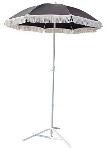 HZSCL Portable Retractable Black Patio Umbrella, UV Protection Waterproof Outdoor Parasol for Garden, Backyard, Beach, 2.25m Height, 1.4m Diameter(Parasol+triangular base)