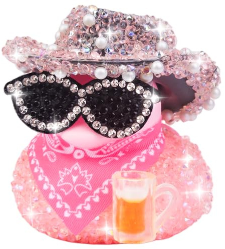 Lokideer Bling Strass Gummiente Auto Armaturenbrett Deko – lustige Cowboy Ente mit Sonnenbrille, Hut & Bier Becher, Glitzer Auto Innenraum Zubehör, niedliche Party Deko & Geschenk Idee für Frauen