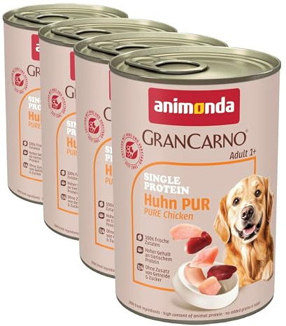 animonda GranCarno Hunde Nassfutter Single Protein Huhn pur (6x400g), getreidefreies Hundenassfutter ohne Zucker, für ausgewachsene Hunde, mit frischem Hühnerfleisch und Innereien (Packung mit 4)