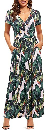 OUGES Women's Summer Casual V Neck Short Sleeve Floral Pattern Wrap Ladies Maxi Long Dress with Pockets(Floral-29,M)