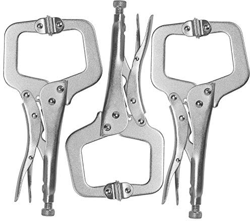 KEILEOHO 3 PCS 11 Inch C Clamp Locking Pliers with Swivel Pads, Heavy Duty Locking Pliers, Woodworking Clamps Set, Adjustable Nickel Plated C Pliers for Wood Working, Welding, Electrician Maintenance