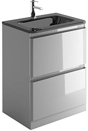 The Bath People Newbold Floor Standing Bathroom Furniture Cool Grey Gloss Vanity Unit With Grey Glass Basin Sink- 600mm