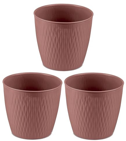 Kigima Pack de 3 macetas redondas de 25 cm, de plástico versátil, con opción de drenaje marcada, color marrón rojizo