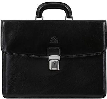 Time Resistance Leder Aktentasche mit Schultergurt - Handgefertigt in Italien - Arbeitstasche - Businesstasche - Stylische Umhängetasche - Schwarz