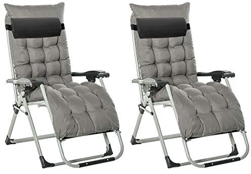 Outsunny 2 Piece Reclining Zero Gravity Chair Metal Frame Folding Garden Sun Lounger with Cushion Headrest, Dark Grey