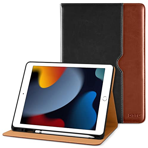 DTTO Schutzhülle für iPad 7. / 8. Generation, Premium-Leder, Business-Folio-Ständer mit integriertem Apple-Stift-Halter – Auto Wake/Sleep und mehrere Betrachtungswinkel – Schwarz Braun