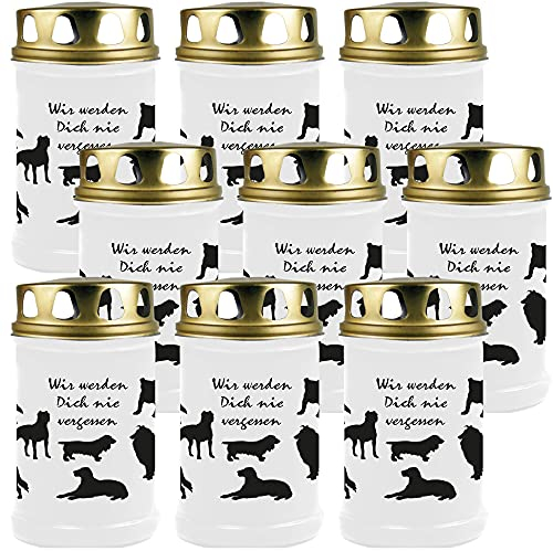 Grabkerze Grablicht - 9er Pack - (Hunde) - ca 48h / 2 Tage Brenndauer je Kerze (14,5cm, Ø 7cm) - viele versch. Designs