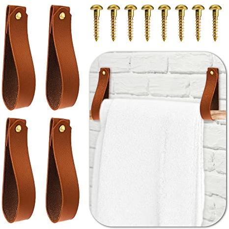 Abeillo 4 Stück Leder Wandhaken, Lederriemen Aufhänger Handtuchhaken, Lederriemen Regal Wand hängende Riemenhalter, Nordic Boho Wandhaken für Bad Küche Schlafzimmer Werkzeugraum (Kunstleder)