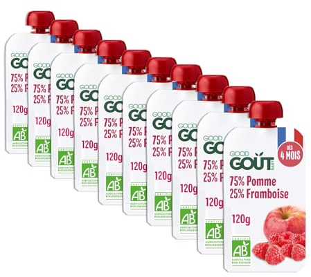 GOOD GOÛT - Gourdes Pomme Framboise - Purée Bébé - Dès 4 Mois - 75 % Pomme, 25 % Framboise - Sans Sucres Ajoutés - Fabriqué En France - 10x120g (L'emballage peut varier)