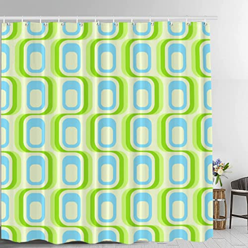 Batmerry Rideau de Douche carré rétro des années 70, Motif Vagues en Bleu et Vert, en Tissu imperméable pour Salle de Bain avec 182,9 x 182,9 cm.