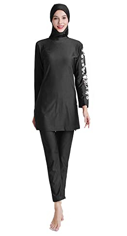 ABEUTY Traje de baño musulmán para mujer, traje completo de talla grande Burkini islámico modesto estampado, Negro, 52