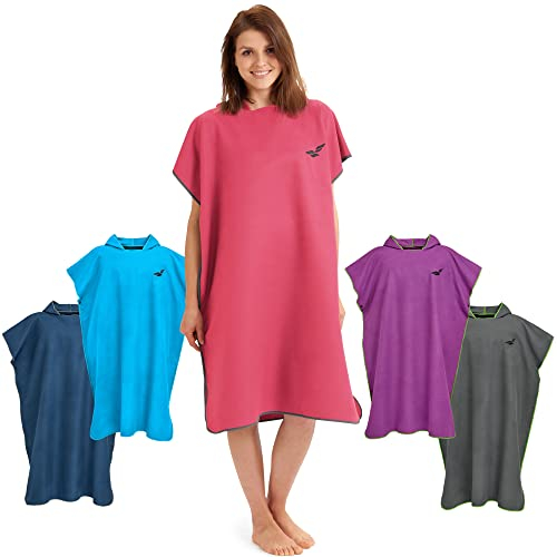 Fit-Flip Surf Poncho Mikrofaser - Umkleidehilfe Strand - Badeponcho für Erwachsene - Duschponcho schnelltrocknend - Strandponcho für Surfer - Surfponchos Ultraleicht (Größe L, Koralle/Grau)