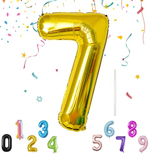 Luftballon mit Strohhalm 100cm-40 XXL Riesen Folienballon für Geburtstagsdeko Jubiläum, Helium Zahlenballon für Deko zum Party, Wiederverwendbare Folienballons - Gold Zahlen 7 Luftballon