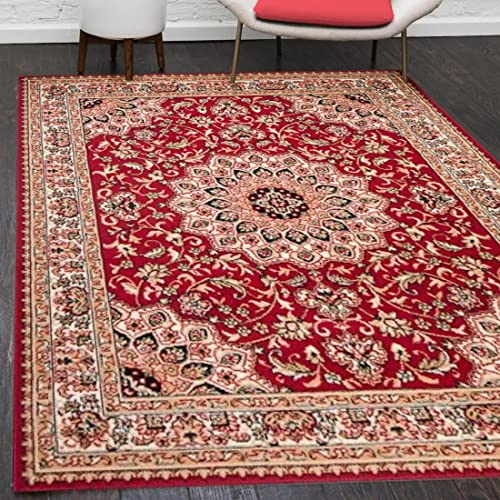 Mazovia Orientalisch Vintage Teppich - Kurzflor - Muster mit Medaillon - Traditioneller Teppich für Wohnzimmer, Esszimmer - ÖKO-TEX Wohnzimmerteppich - Rot 120 x 170 cm