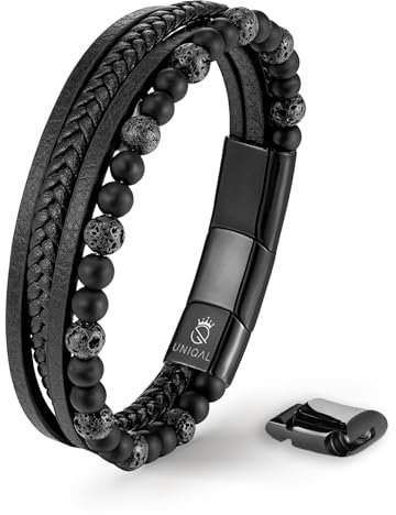 UNIQAL | Echtleder Armband Herren mit Natursteinen FANCY Mens nature stone Bracelet | Edelstahl, Männer | Etui Box Gratis (LAVA STEIN, 21)