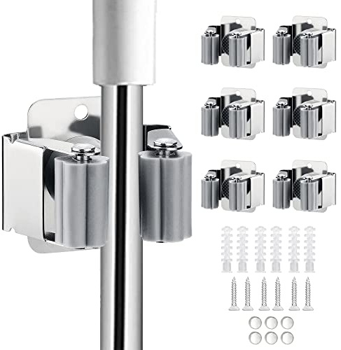 JAMEND CLXP Besen- und Wischmopphalter, robuster Gartenwerkzeug-Organizer, Rechen und Schaufelgriff, Edelstahl-Mopp-Aufhänger, Wandmontage, mit Schrauben, Silber, 6 Stück