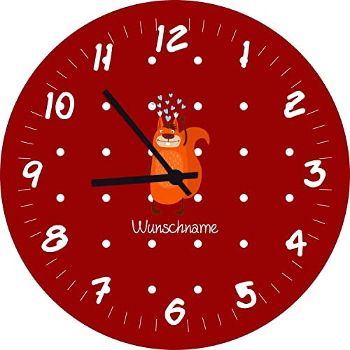 ShirtInStyle Kinderzimmeruhr mit Tiermotiv Eichhörnchen mit Wunschnamen Geschenk Uhr Kinder Handmade Wanduhr Wunschtext Name, 20cm, Dunkelrot