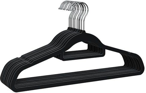 PORTENTUM Kleiderbügel aus Samt, 10 Stück, Schwarz. Zubehörhalter, 360º Drehbarer Haken, Platzsparend, Kerben für Kleider, Rutschfeste Kleiderbügel, Für alle Arten von Kleidung