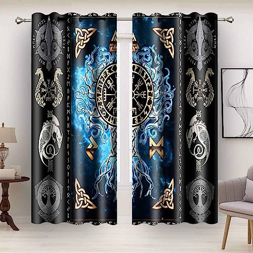 MIZSYE Wikinger Verdunkelungsvorhänge, skandinavischer Piraten-Totem, bedruckter Vorhang, Raumverdunkelung, alte Mythologie, Baum des Lebens, Fensterbehandlungen für Schlafzimmer, Wohnzimmer, 2