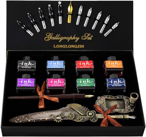 LongLongJin Calligraphy Pens and Ink Set - Calligraphy Kits for Beginners,Quill Pen Includes Dip Pen,8*Colors Ink,11*Calligraphy Pen Nibs(Grey)
