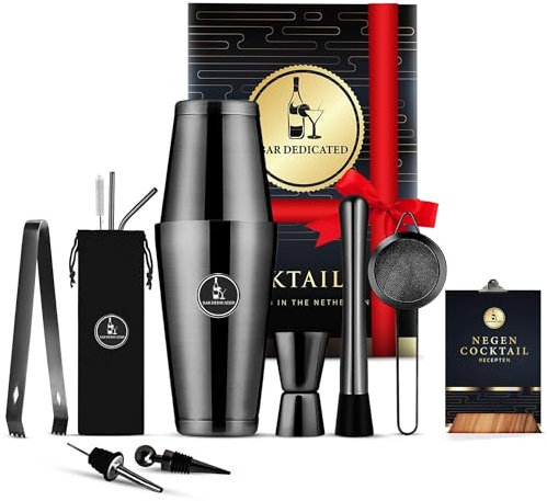 Bar Dedicated - 13-teiliges schwarzes Cocktail-Set - Cocktail-Shaker-Set mit Jigger - Boston Shaker inklusive Rezeptbuch und Geschenkverpackung