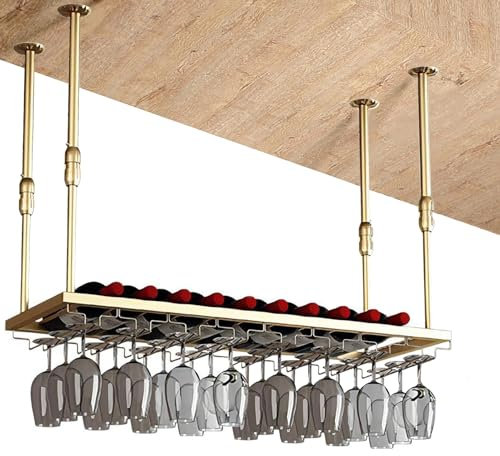 whalebee Porta Bicchieri da Vino Porta Calici da Soffitto 80cm 120cm 200cm Portabicchieri Metallo Regolabile in Altezza, Facile Accesso Porta Bottiglie da Vino Porta Calici Supporto Oro Nero
