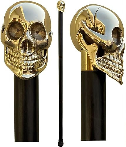 Brass Skull Style Head Handle Vintage Black Wooden Walking Stick for Men and Women Victorian Style Canes