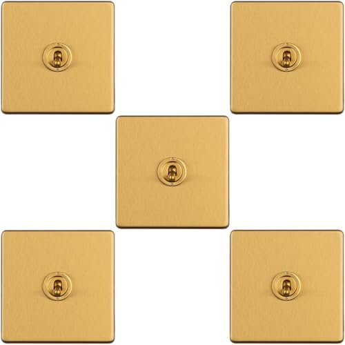 5 Pack 1 Gang Single Retro Toggle Light Switch SCREWLESS Satin Brass 10A 2 Way - Classic Vintage Style Flick Lever Wall Plate