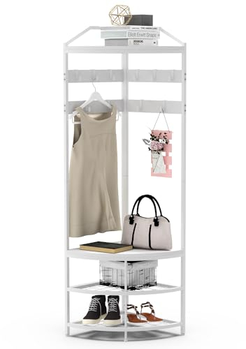 VEDECASA Porte-manteau d'angle en métal - Avec 12 crochets mobiles et étagère de rangement - Pour couloir, salon, chambre, bureau, couloir, entrée - Blanc