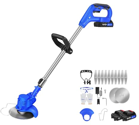 Elektro Rasentrimmer Akku Rasentrimmer 21V Motorkopf Neigbar Rasenkantenschneider Akku Kantenschneider Teleskopierbar Akku Trimmer Kantenschneider Rasen mit 1500mAh Akkus und Ladegerät, inkl.Sägeblatt