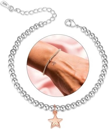 XOEMEL Sterling Silver Bracelet for Women 5MM Round Silver Bead Bracelet Adjustable Star Charm Bracelet for Women Teenage Silver Ladies Bracelet
