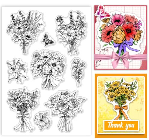 PH PandaHall Timbri Trasparenti Bouquet Timbri In Gomma Margherita Timbro In Silicone Rosa Timbro con Sigillo Trasparente per Francobolli per Primavera Festa della Mama Scrapbooking Fai-Da-Te, 16x11cm