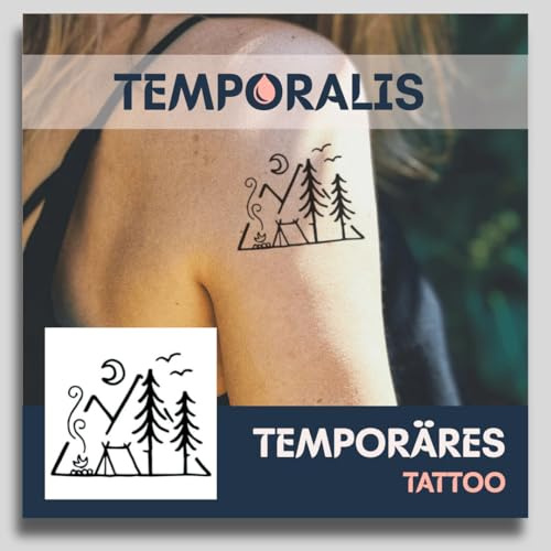 Fake Tattoo Natur – Temporalis® | Temporäre Tattoos für Erwachsene – EU-zertifizierte Kosmetik, vegan & wasserfest – Hält 1 bis 2 Wochen [ Zelten in den Bergen ]