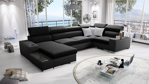 All4All Ecksofa mit Schlaffunktion Passe 335 cm x 205 cm - Wohnlandschaft U-Form - Schlafsofa mit Bettkasten - XXL Sofa - Groß - Gewebe mit Kunstleder - Schwarz - Linke Seite 26